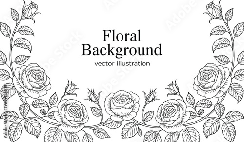 Luxury rose floral line art background, elegant botanical frame with leaves and bouquet pattern for wedding cards vintage design and premium decorative layouts.