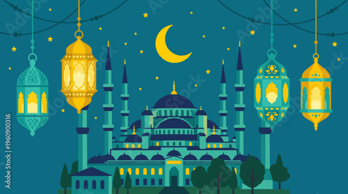 Illustration of a grand mosque with minarets under a starry night sky with a crescent moon and hanging ornate lanterns, depicting an Islamic celebration.