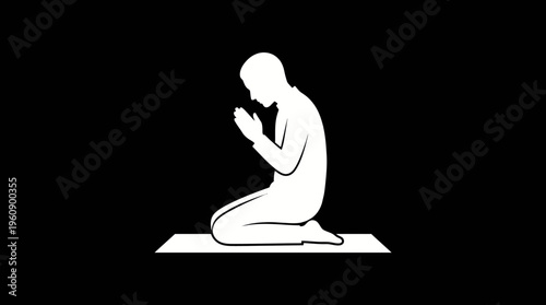 A white silhouette of a person kneeling on a prayer mat, with hands clasped in a gesture of prayer or meditation, set against a black background.