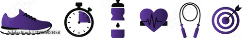 Purple fitness icon set with 6 vector elements, workout equipment and health symbols, flat athletic training icons for gym and sports apps