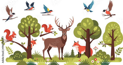Forest wildlife scene with deer fox squirrel birds and trees representing nature ecosystem biodiversity and woodland illustration