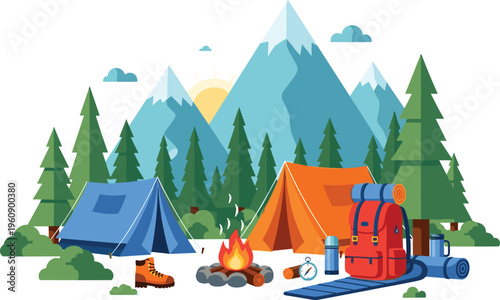 Camping adventure in mountain forest with tents campfire backpack and outdoor gear nature travel exploration illustration