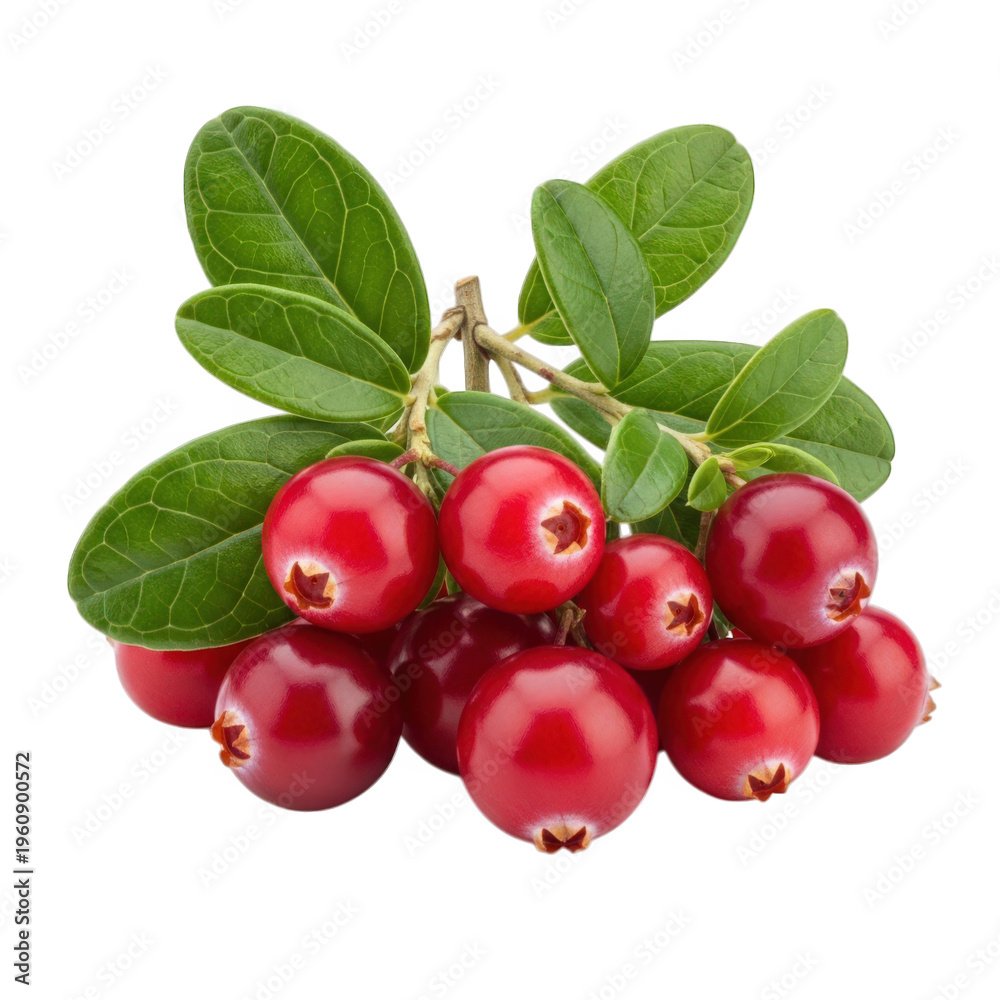 Obraz premium Fresh ripe red cranberries with green leaves isolated on a white background studio isolated on a transparent background