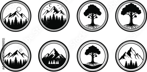 Set of vintage nature badges with mountains trees forest landscape and outdoor adventure emblem collection vector illustration