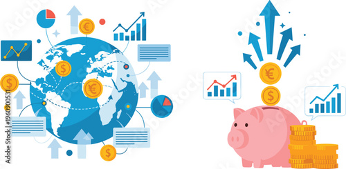 Global savings and investment concept with piggy bank world map financial charts coins and economic growth analytics illustration