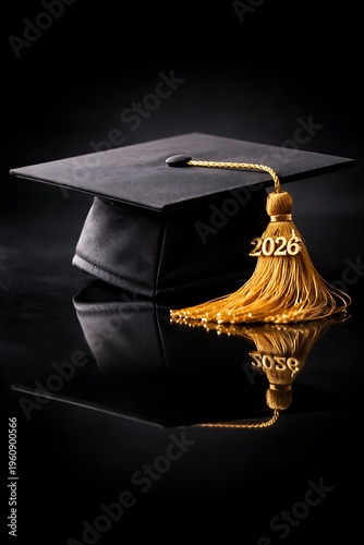 Graduation Cap with 2026 Tassel Reflection on Glossy Surface, Dramatic Lighting