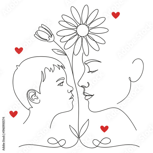 Mother and Child Face to Face One Line Drawing with Flowers and Hearts — Happy Mother's Day Vector Illustration