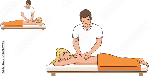 A professional male therapist meticulously delivers a soothing back massage to a blonde woman lying on a spa bed, facilitating deep relaxation and muscle tension relief, essential for well-being.
