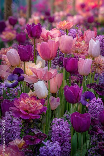 Wallpaper Mural Spring season, garden, flower, fresh, life. A vibrant display of pink, purple, and white tulips and hyacinths in full bloom, set against a blurred background, creating a dreamy atmosphere. Torontodigital.ca