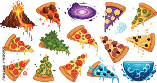 Creative pizza slices collection with unique toppings and artistic styles, fantasy food illustrations including lava, ocean and galaxy themes vector set
