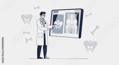 Doctor examining X-ray of pelvis on digital tablet, surrounded by bone graphics