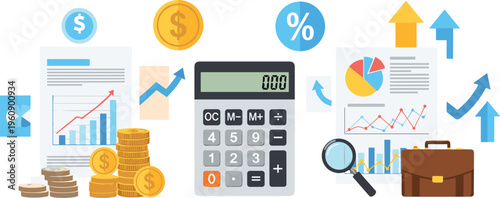 Financial planning concept with calculator coins charts growth arrows and business reports for budgeting investment and economic analysis