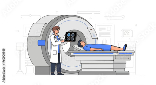 Doctor examines MRI scan results with patient in MRI machine, medical diagnostics concept