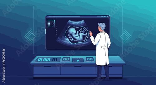 Doctor examines ultrasound of fetus on futuristic screen, medical technology concept