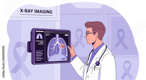 Doctor examines X-ray of lungs with tumor, medical research, cancer diagnosis