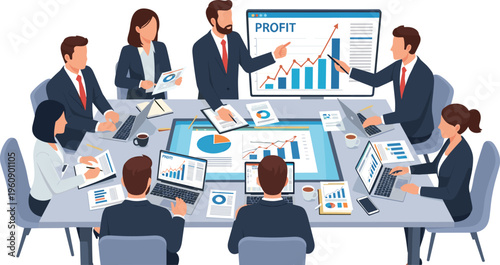Corporate business meeting with team analyzing profit growth charts financial reports and data dashboards for strategic planning concept