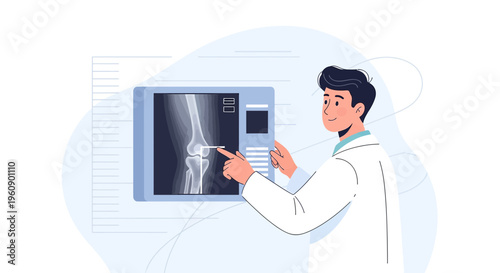 Doctor examining knee X-ray on screen, medical diagnosis and healthcare concept