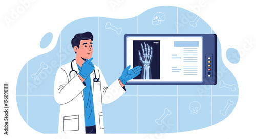 Doctor examining hand X-ray on digital screen, medical diagnosis and healthcare concept