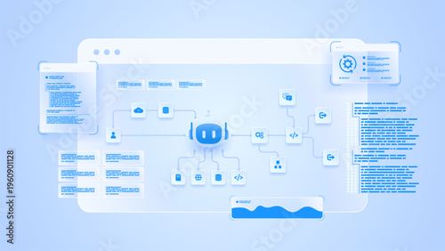 AI workflow automation artificial intelligence. ai agent network diagram machine learning node user, flow process, API integration and automation system.