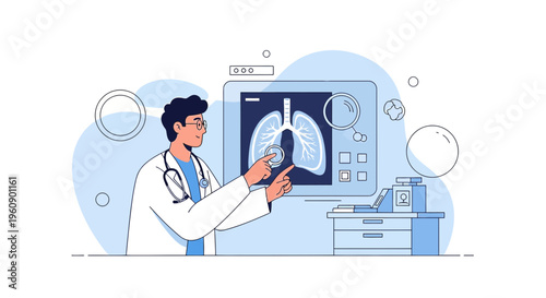 Doctor examining lung X-ray on screen, medical diagnosis, healthcare concept