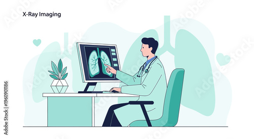Doctor examining lung x-ray on computer screen, medical diagnosis, healthcare concept