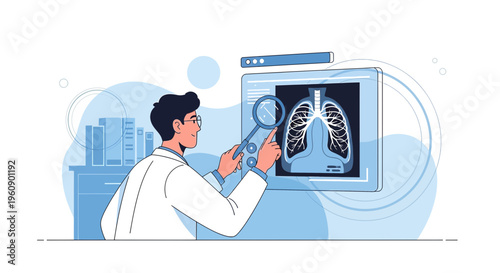 Doctor Examining Lungs X-ray on Screen with Magnifying Glass, Medical Diagnosis Concept