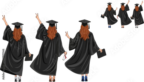 Three young women celebrating their academic achievement and future success, proudly wearing graduation caps and gowns, expressing joy and excitement for reaching this significant milestone.