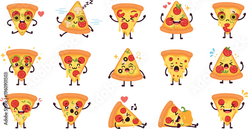 Cute pizza characters collection with funny emotions and playful poses, kawaii fast food mascots vector illustration set for kids and restaurant design