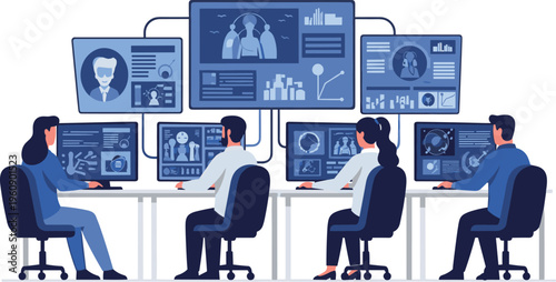 Business team monitoring data analytics dashboards in control room with real time reports charts and corporate performance insights