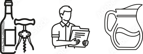 Wine, office, and drink icons, vector line art, black and white