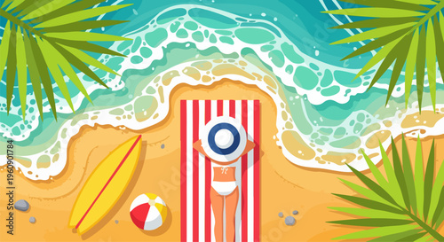 Overhead view captures a serene tropical vacation scene featuring a woman sunbathing on a striped towel beside a bright surfboard on the sandy beach near turquoise ocean waves.