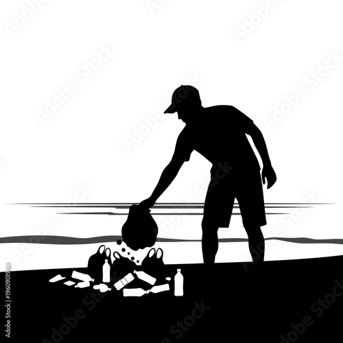 Man collecting plastic bottles on beach.