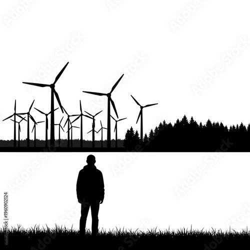 Man looking at wind turbines field.