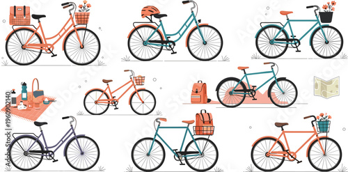 Bicycle collection with accessories including baskets, backpacks and picnic items, stylish bikes for travel and outdoor lifestyle vector illustration set
