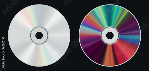 Vector Compact Discs Set - Silver Grid CD and Rainbow Iridescent DVD Illustration. Rainbow Iridescent CD and Silver Vector Disc Set