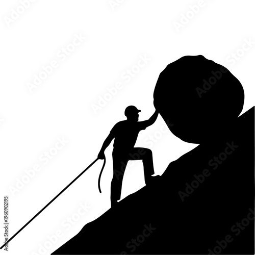 Rock Climber Silhouette Pushing Boulder Uphill Determination and Challenge Concept Vector