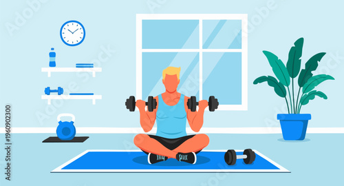 Athletic man with blonde hair performing seated dumbbell bicep curls for strength training during a focused home fitness routine session