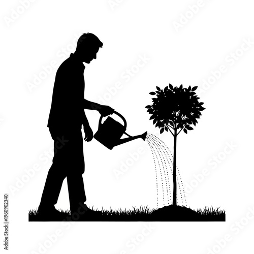 Man watering small tree with can.