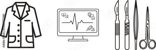 Medical icons, doctor lab coat, surgical tools, ECG monitor, healthcare symbols