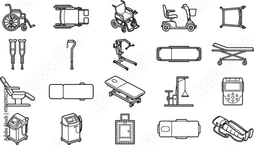 A collection of various medical equipment in black and white, highlighting diverse tools used in healthcare and patient care. 