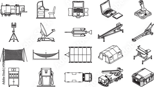 A collection of diverse equipment is showcased in a detailed array, meticulously rendered in a clean, graphic style that is ideal for design projects and informative content.