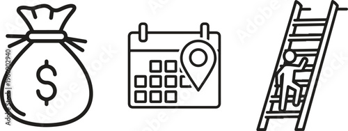 Financial planning icons, money bag, calendar, ladder, line art, business symbols, 3 elements