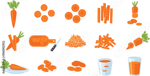 Carrot food preparation collection with slicing, chopping and juice making process, fresh vegetable cooking steps vector illustration set for healthy nutrition design