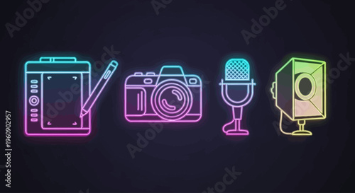 Neon Icons Representing Music and Photography.