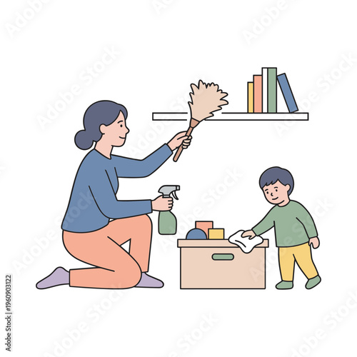 A woman cleans with a child organizing a cardboard box.