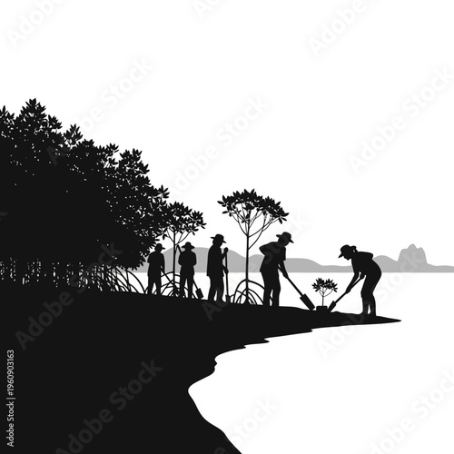 Silhouette of people working outdoors together.