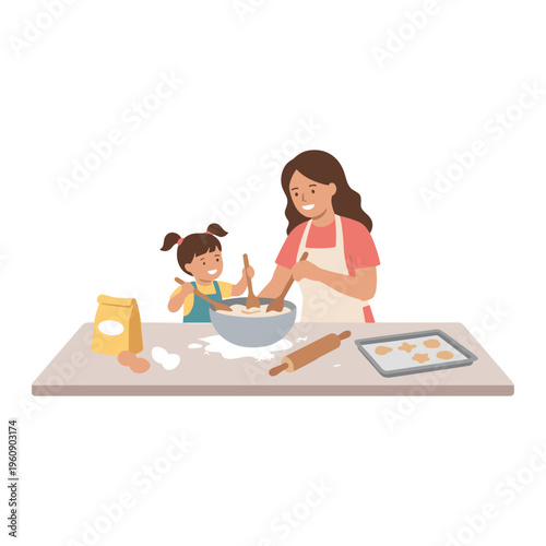 A woman and a little girl are baking cookies together at home.