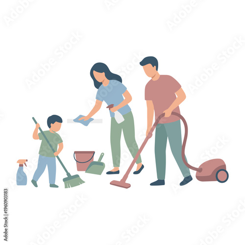 A family of three is cleaning together at home with a vacuum and brooms.