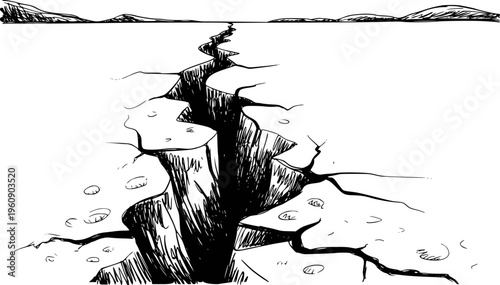 Deep black fissure splitting the earth surface with distant hills under a clear sky