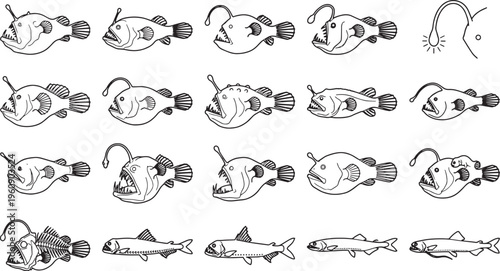 A detailed illustration of an Anglerfish and its prey is depicted in a monochromatic grayscale. The artwork provides a glimpse into the mysterious and unique world of the deep sea. 